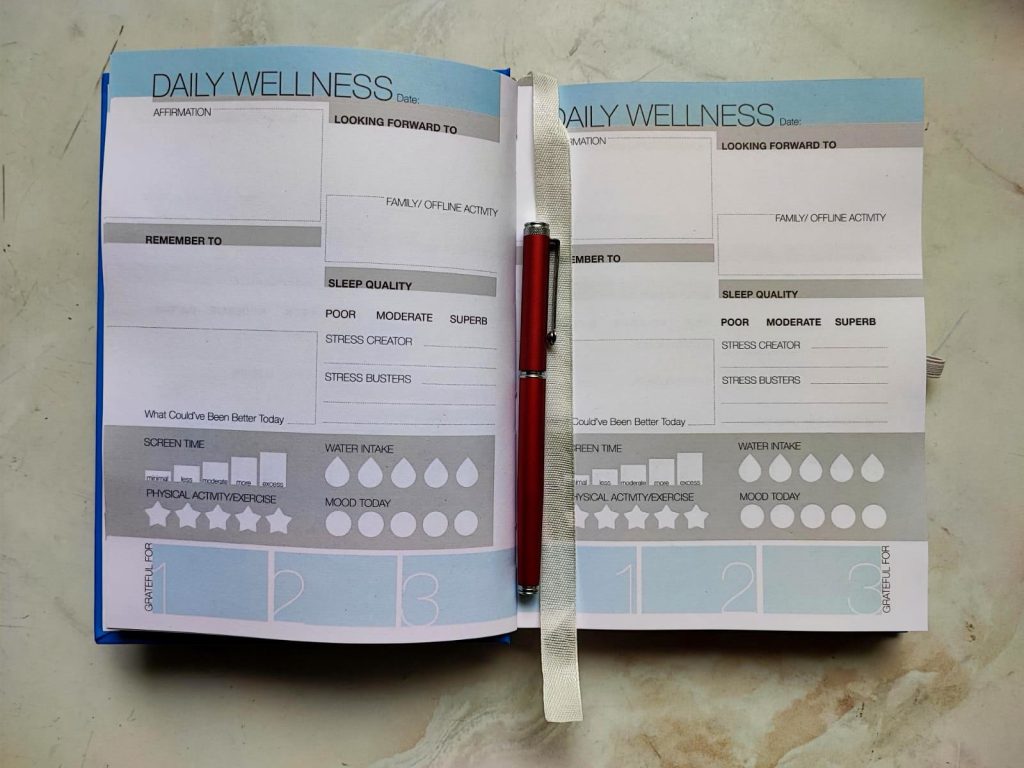 Open health journal with twelve different segments and a red pen