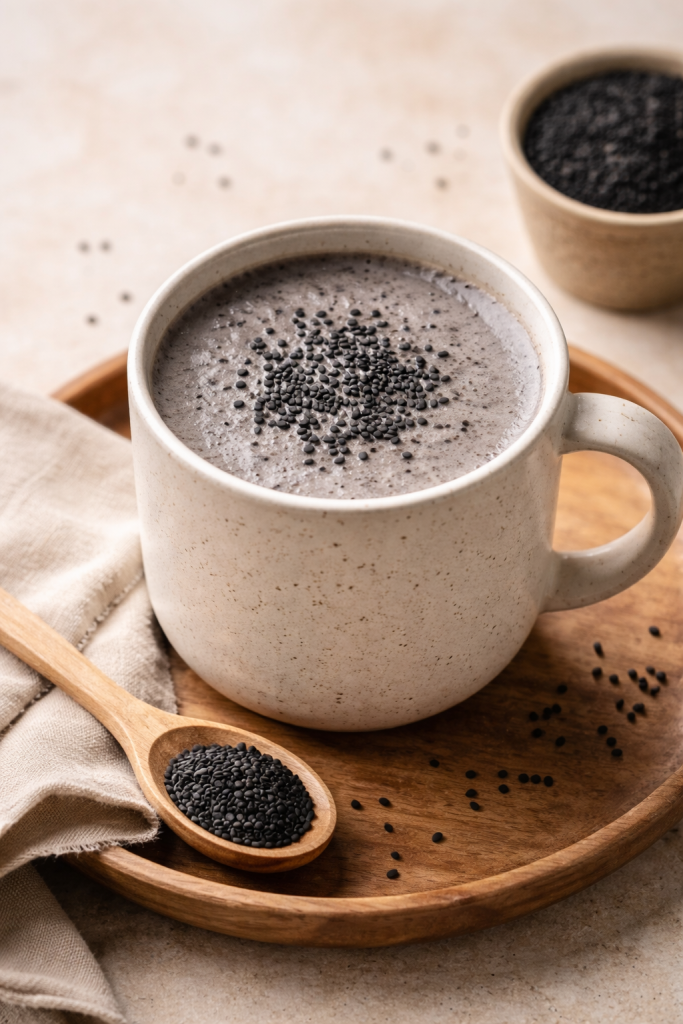 Black sesame latte topped with sesame seeds, a caffeine-free wellness drink made with black sesame paste and milk